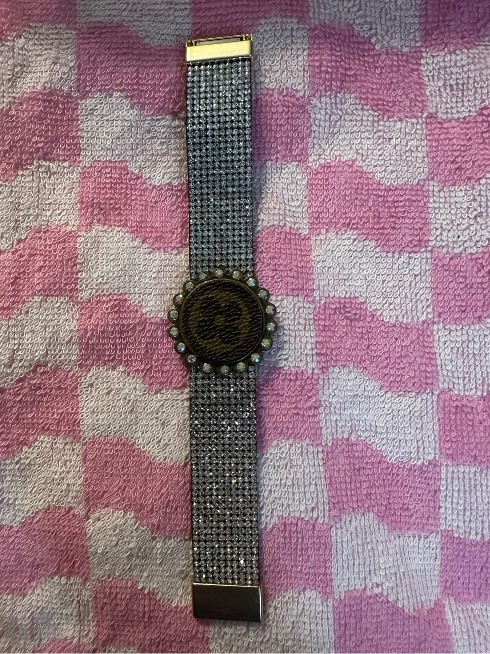 Sparkling Silver Rhinestone Bracelet Watch with Brown Accent. Upcycled